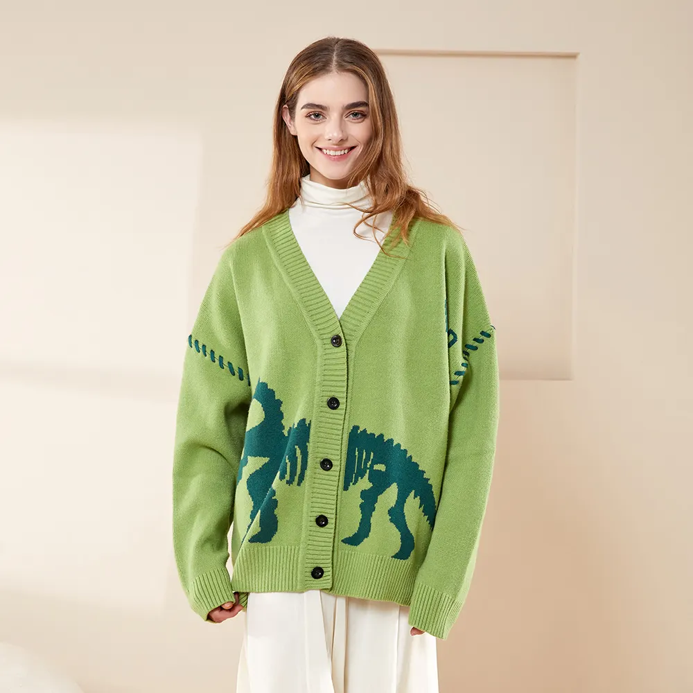 Manufacturers Unisex Ugly Christmas Cardigan Autumn Winter Warm Green Outer Fashion Knit Sweater with Dinosaur Pattern