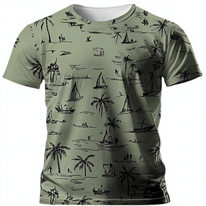 Camiseta Verde Oliva para Hombre con Estampado de Palmeras y Veleros, Manga Corta, Cuello Redondo, Corte Regular, Tejido Casual - Product Image 1