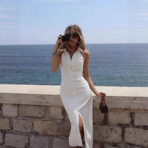 Vestido Casual 2026 de Verano para Mujer, Estilo Europeo y Americano, Cárdigan con Solapa, Sexy, Ajustado, Color Sólido - Product Image 1