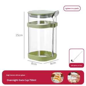Bol à <span class=keywords><strong>petit</strong></span>-<span class=keywords><strong>déjeuner</strong></span> en verre portable avec couvercle et cuillère pour smoothies et yaourts, idéal pour les overnight oats - Product Image 6