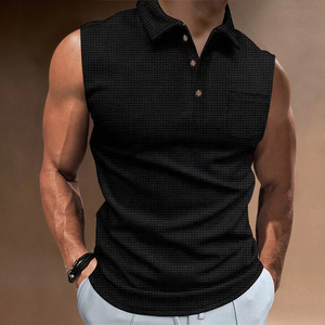 Chaleco de Verano OEM para Hombre, 100% Algodón, Transpirable, Tejido, Informal, Deportivo, con Solapa, Abotonado, Sin Mangas, para Fitness, Estampado Sólido - Product Image 1