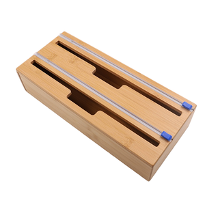 Bamboo Drawer Storage Roll Organizer Holder 2 in 1 Aluminum Foil Wax Paper Plastic Wrap Dispenser with Cutter