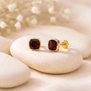 Premium Garnet Cushion Cut Faceted Stud <b>Earrings</b> Crafted In 925 Sterling Silver Or 18K Gold Filled Natural Deep <b>Red</b> Stone Jewel - Product Image 4