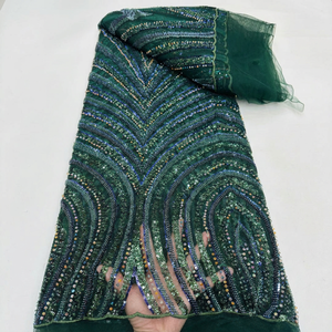 Tessuto in Pizzo con Perline Stile Art Déco Marocchino, <span class=keywords><strong>Tulle</strong></span> Ricamato Geometrico <span class=keywords><strong>Verde</strong></span> <span class=keywords><strong>Smeraldo</strong></span> per Abiti da Sposa e da Sera - Product Image 2