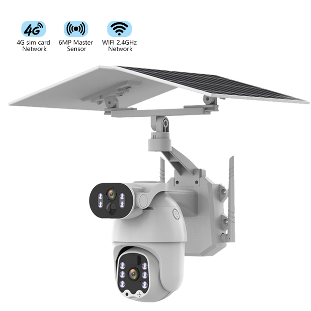 Dual Lens Wifi Solar Powered Camera 4G SIM Card PTZ IP Camera Outdoor 12W 6MP 4G Solar Dual Security Camera