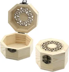 Boîte en bois inachevé avec couvercle à motif sculpté creux boîte à bijoux étui de rangement