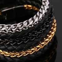 Bracelets en cuir véritable noir pour hommes, vente en gros 2023, avec chaîne en acier inoxydable coloré 18K personnalisée