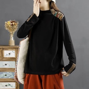 Women's Long Sleeve High Neck Top Autumn Winter Chinese Style Embroidery Velvet Base Shirt Brown Green Black - Product Image 5