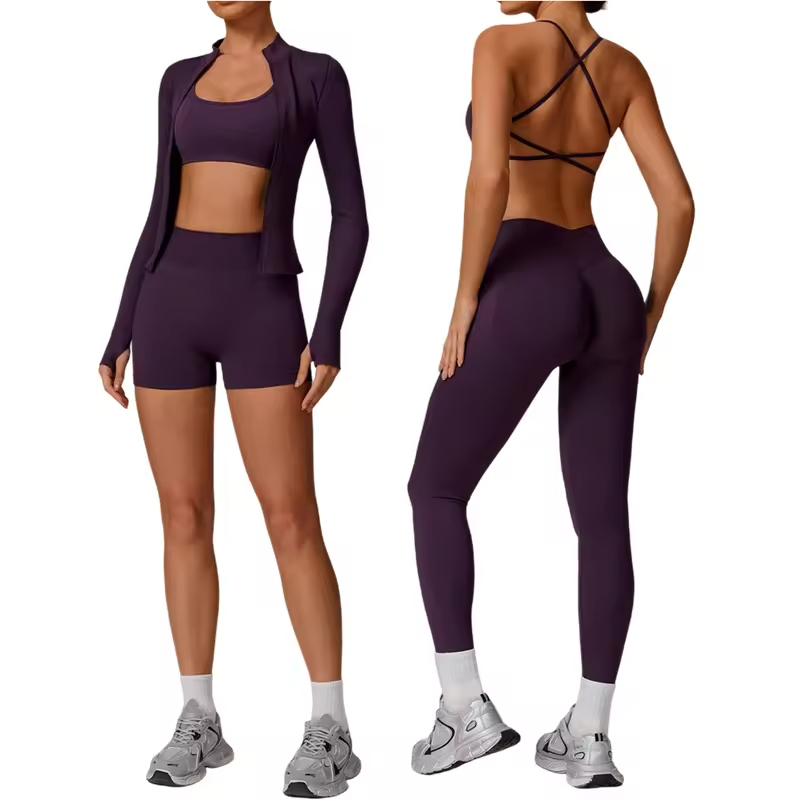 Custom LOGO GYM Sports Wear Workout Zipper Jacket Backless Bra Activewear Women Yoga Pants Leggings Set Shorts for Women Girl