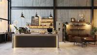 Design d'intérieur de café de style industriel |   Meubles de comptoir de bar de café écologiques, durables et sur mesure pour usage commercial