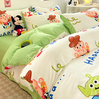 Parure de Lit Grand Lit 4 Pièces en Pur Coton Bleu Dessin Animé, Housse de Couette, Drap de Lit et Drap Housse Imprimés