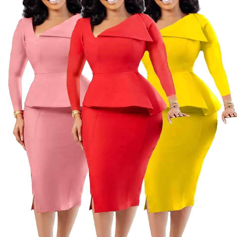 Fall Office Lady Dresses Fashion Solid Ruffles Dress Sexy Bodycon Africa Women Career Dress
