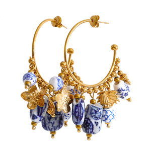 JINYOU 2711 Orecchini a Cerchio Vintage Placcati in <span class=keywords><strong>Oro</strong></span> 18K, Acciaio Inossidabile con Perline in Ceramica <span class=keywords><strong>Blu</strong></span> e Bianca - Product Image 1