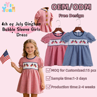 Robe d'été patriotique pour filles, motif gingham, manches bouffantes, broderie drapeau américain, pour tout-petits, robe personnalisée en coton pour enfants