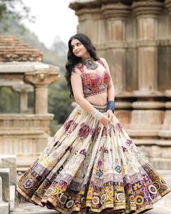 New Navratri Traditional Beautiful Heavy Muslin Cotton Chaniya Lehenga Choli Digital Print Real Mirror Work <b>Gota</b> Zari Lace Party - Product Image 3