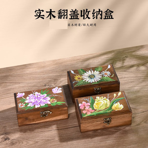 Boîte à bijoux en bois massif, design floral peint, rangement de bureau rectangulaire, compacte et couverte, ornement exquis de style chinois - Product Image 5