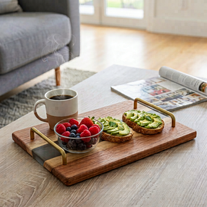 Bandeja Rectangular de Madera para Servir con Asas de Latón, Plato Decorativo Moderno para Mesa de Centro - Product Image 1