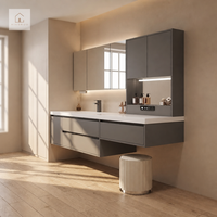 Meuble-lavabo flottant gris moderne haut de gamme XINGRUO avec double tiroir et plateau blanc, rangement personnalisé pour villa de luxe et hôtel