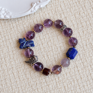 Purple Phantom Quartz <b>Beaded</b> <b>Bracelet</b> with Blue Raw Stone and Geometric Accents - Product Image 4