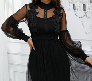 Robe trapèze décontractée noire vintage en polyester grande taille, longueur mi-mollet, avec manches lanternes et col rond, taille naturelle, ODM - Product Image 1