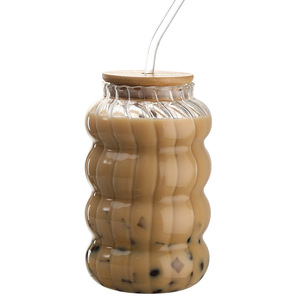 Venda quente Borosilicato Resistindo Vidro Tumbler Cup Ribbed Iced Coffee Óculos com Tampa De Bambu e Palha De Vidro - Product Image 5