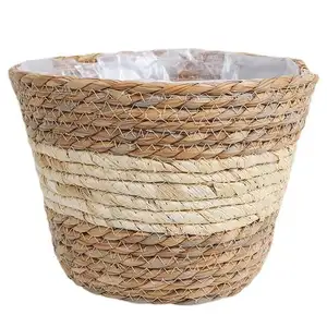 热卖4种不同设计的耐用天然海草编织花盆，带塑料衬里，用于室内储物草篮
