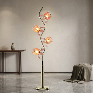 Showcase Decor Lotus Standing <b>Lamp</b>, Curved Gold Frame 4 Semi-transparent <b>Pink</b> Acrylic Flower <b>Floor</b> <b>Lamp</b> - Product Image 1
