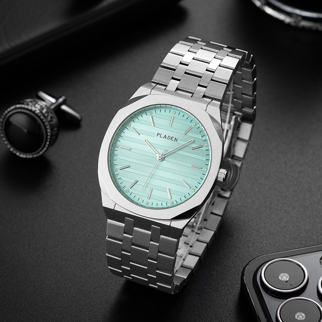 Men's Octagonal Bezel Watch Grooved Dial Stick Indices Integrated Bracelet Minimalist Dress Wristwatch