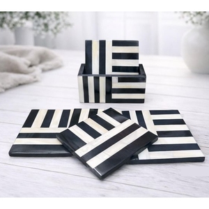 <b>Black</b> & White Bone Inlay Coaster Set with Holder Stylish Drink Coasters Heat Resistant <b>Table</b> Protection for Home Kitchen Office - Product Image 6