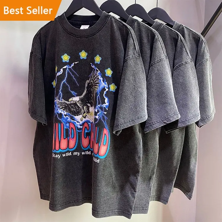 Custom Wholesale Men Washed T-shirt Oversized Graphic Tshirt Printed Quality Cotton Vintage Distressed Acid Wash T Shirt For Men