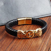 Bracelet de mode multicouche pour hommes fait à la main en cuir de vachette noir tissé en cuir véritable double fermoir en acier inoxydable cuir de vachette noir