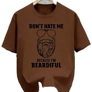 T-shirt divertente con stampa 'Don't Hate Me Because I'm Beardiful' e gioco di parole sulle barbe, maglietta oversize in cotone a maniche corte, streetwear, top casual - Product Image 3