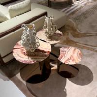 Ensemble de 3 tables basses modernes en marbre avec dessus en pierre naturelle et base en métal inoxydable, tables rondes à niveaux pour salon