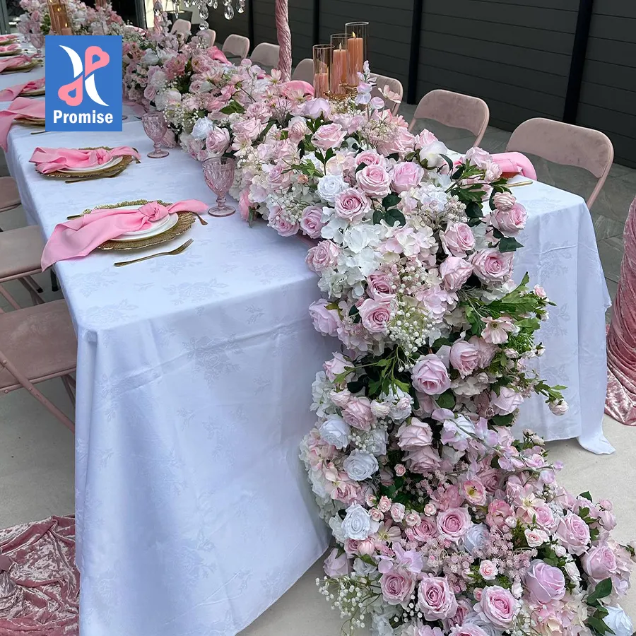 Promise Outdoor Wedding Decoration Silk Artificial Pink Flower Runner Long Wedding Runner