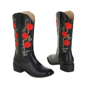 Support OEM/DOM <span class=keywords><strong>Low</strong></span> quantité minimale de commande bottes de Cowboy pour femmes, bottes occidentales en cuir <span class=keywords><strong>noir</strong></span> avec broderie de fleurs pour filles - Product Image 3