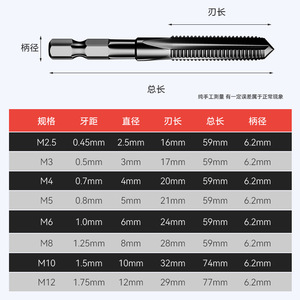 Broca de Rosca Eléctrica Niu Xiang M2.5M3M4M5M6M8M10M12, Vástago Hexagonal, Acero de Alta Resistencia - Product Image 2