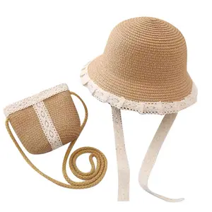 LT266 cappello da spiaggia per bambini e adulti cappello estivo da viaggio cappellini da viaggio all'aperto cappello da spiaggia a tesa larga e borsa in paglia