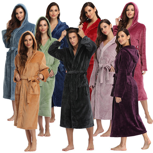 50% Off Wholesale Flannel 100% Polyester Black Bath Robe Set Unisex Bathrobe Long Sleeve