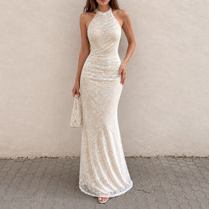 Vestido de Noche Largo de Lujo con Espalda Descubierta, Cuello Halter de Encaje, Silueta Lápiz, Cintura Natural, sin Mangas, para Fiesta, para Mujer - Product Image 4
