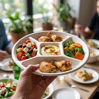 Assiette jetable ronde en canne à sucre style américain, plateau de 5 compartiments pour gâteaux et fruits, idéal pour les fêtes