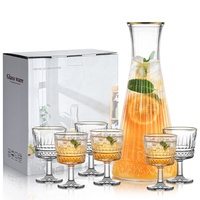 Ensemble de carafe et verres à pied en verre côtelé de luxe 7 pièces avec bordure dorée peinte à la main