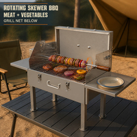 Barbecue à charbon de bois triple churrasco en acier inoxydable avec chariot, brochettes brésiliennes et rôtissoire rotative pour grillades