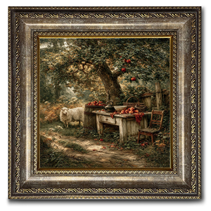 Décoration murale rustique Verger de pommiers, style ferme, mouton, gris, cadre doré, échantillons OEM ODM prêts en moins d'une journée - Product Image 1