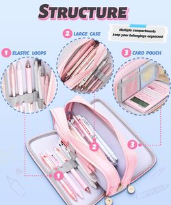 Trousse à crayons en maille mignonne avec 3 grands compartiments, fentes élastiques pour stylos, poches en maille, fermeture à glissière pour filles, garçons, femmes et adolescents - Product Image 4