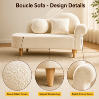 Canapé deux places Boucle, petit canapé blanc crème avec pieds en bois pour le salon