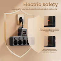 Stop Kontak Listrik Eropa dengan 5 Soket Schuko, 3 USB A, 2 Tipe C, Layar Jam, Sakelar Individual, Kabel Ekstensi Fleksibel 5cm untuk Rumah