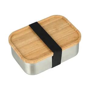 304便当面包盒食品存储饭盒不锈钢便当木材储物盒 & 垃圾箱食品容器学校现代银
