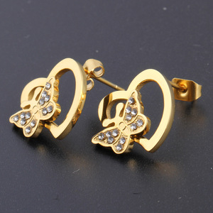 Boucles d'oreilles papillon en diamant, design cœur creux en or, taille brillant rond, bijoux pour femme à porter au quotidien - Product Image 2