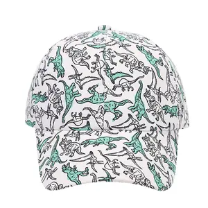 2024 Wholesale Cartoon Kawaii Cute Funny Green White Dinosaur Print 6 Panels Children Kids Boys Girls Gift Baseball Sports Hats