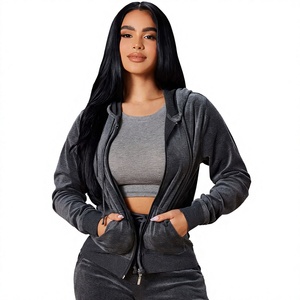 <b>Women's</b> Gray Hooded <b>Zip</b>-<b>Up</b> Sweatshirt Full Sleeve Knitted Solid Color Breathable With Pockets Autumn Wear - Product Image 1